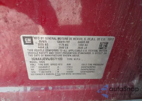 2018 Chevrolet Equinox Lt z USA, uszkodzony, nr VIN 3GNAXJEV9JS571109